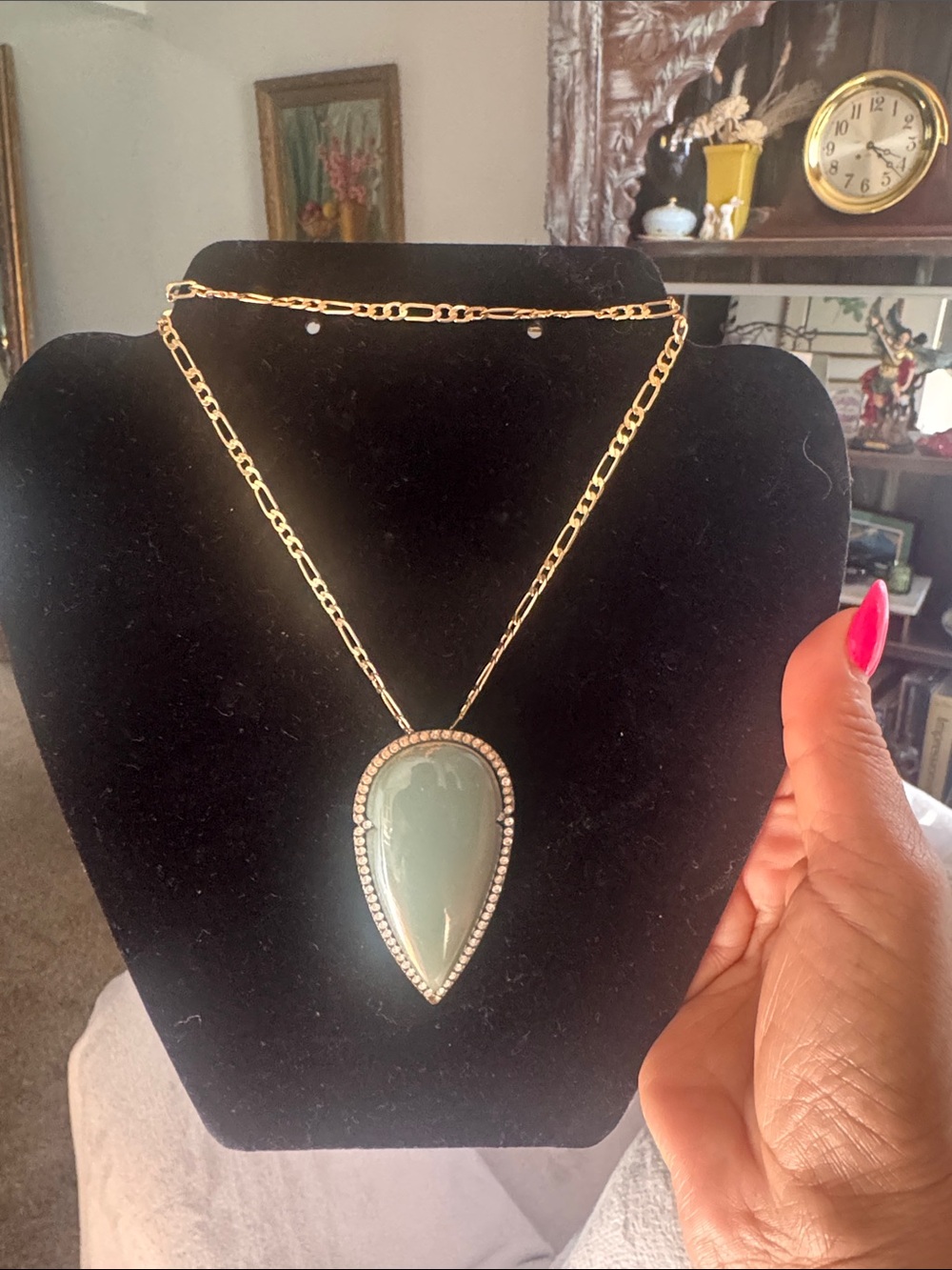 Gold Chain Necklace with Green Teardrop Pendant